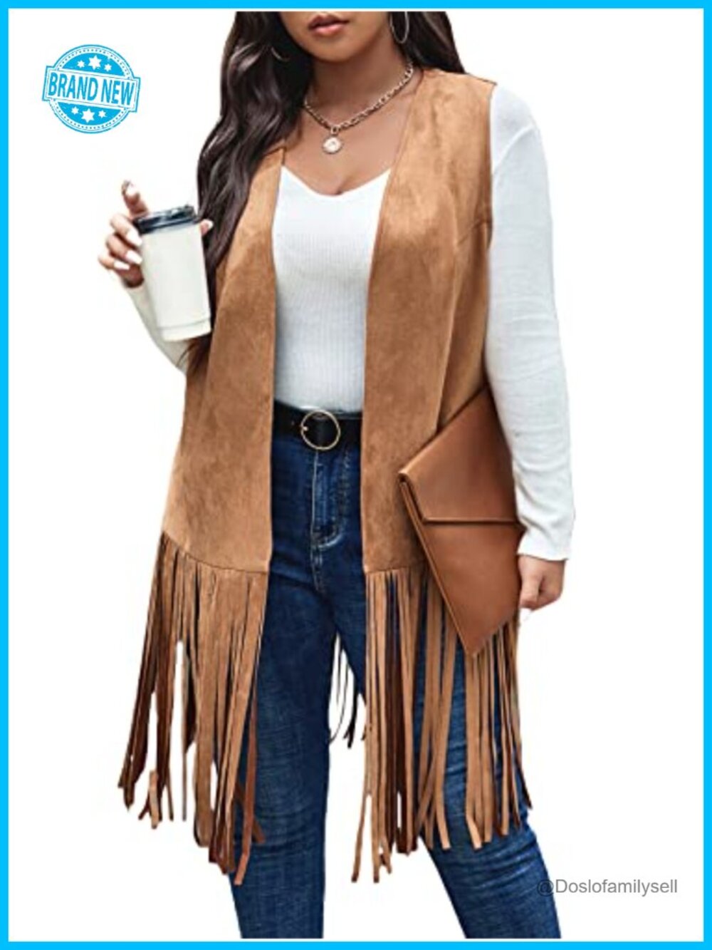 Plus Size Faux Suede Fringe Open Front Cardigan Vest Coat Sleeveless
